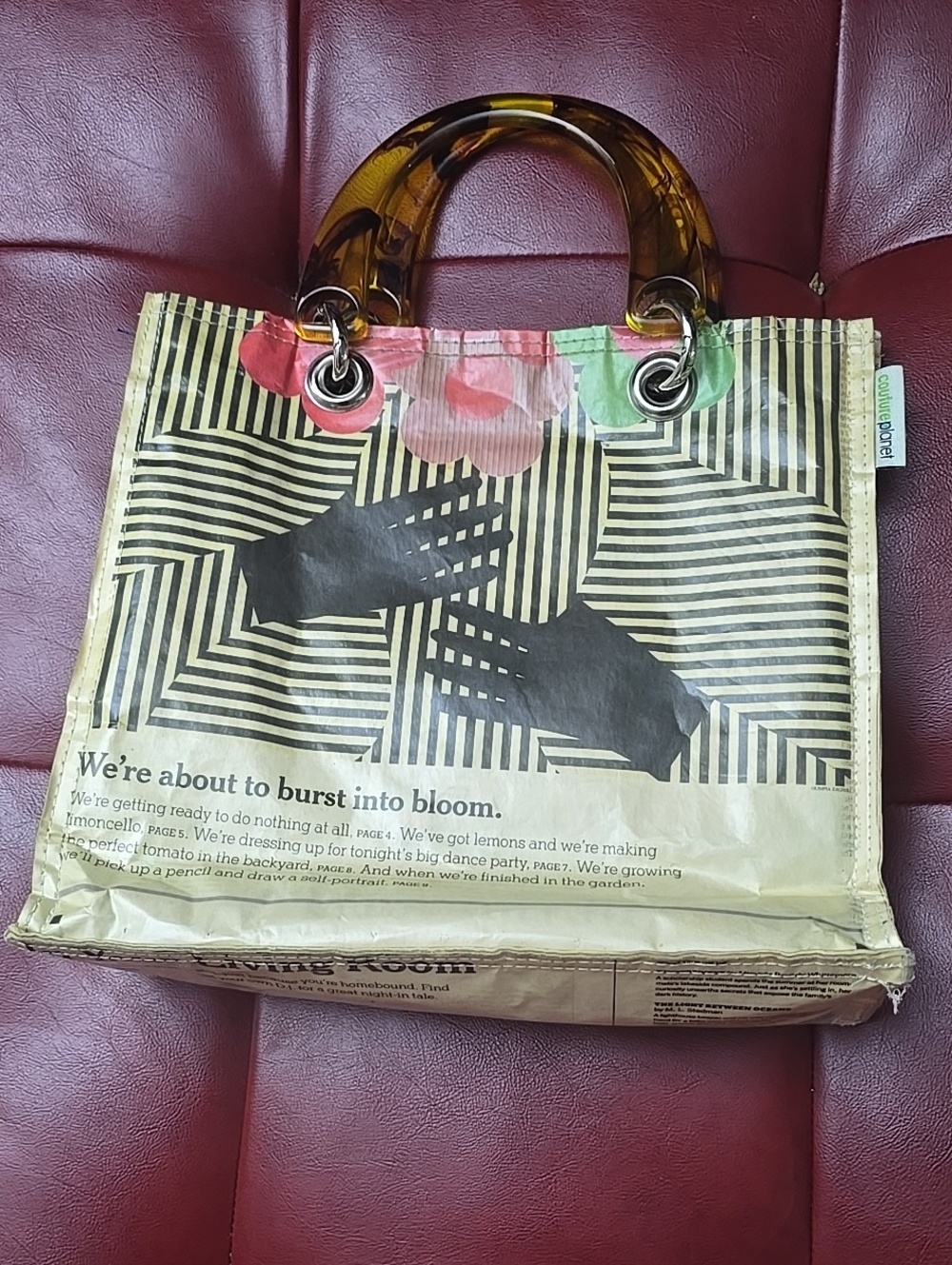 Upcycled Printed Tote Bag with Tortoiseshell Handles